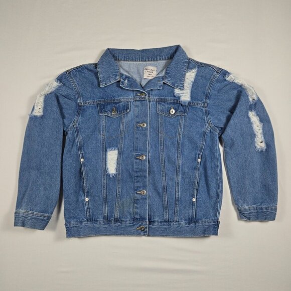 Love Tree Distressed Blue Denim Jacket Women’s Size L Ripped Casual Button-Up - Picture 3 of 16